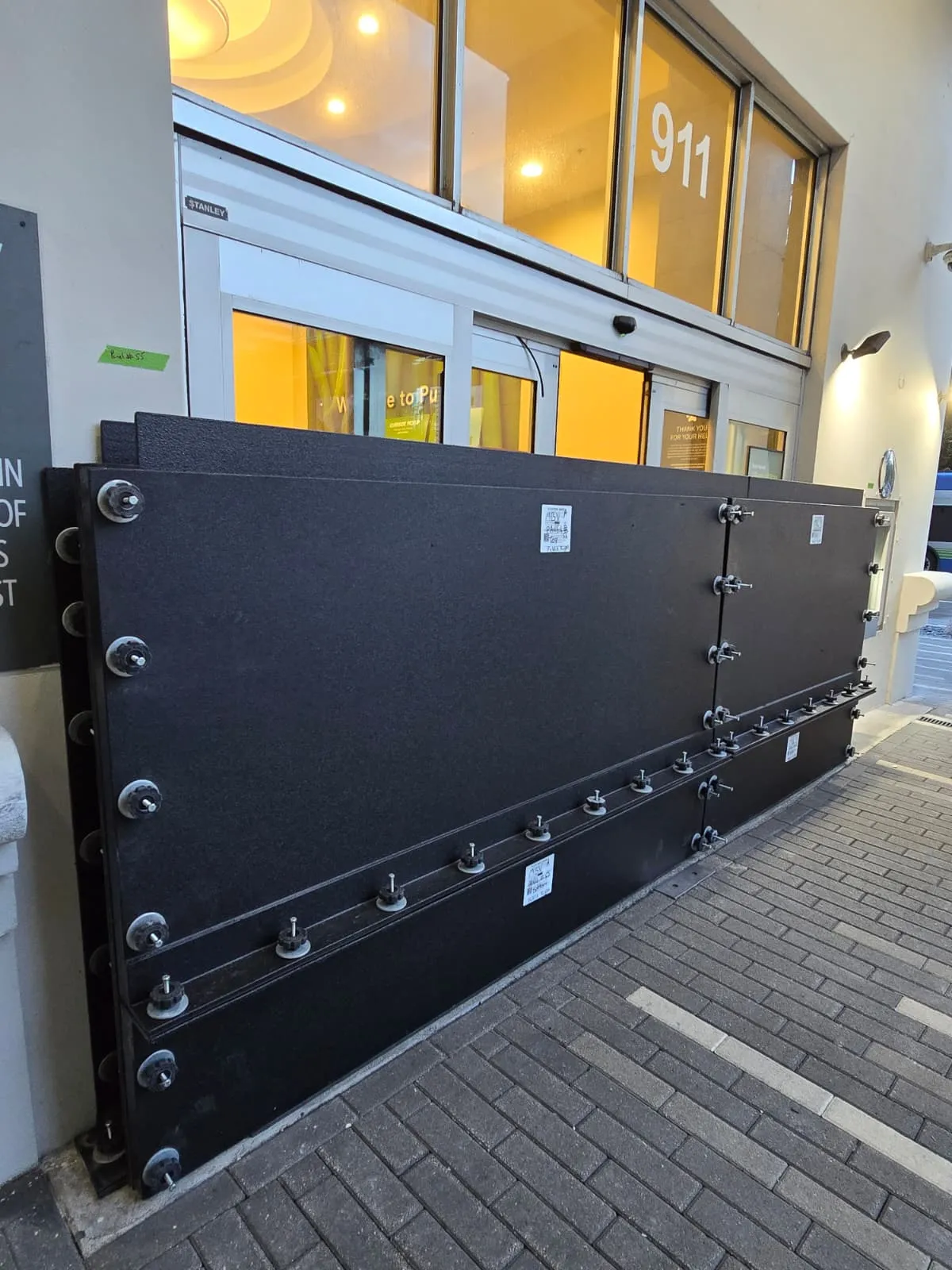 Flood protection panels installed on a commercial building